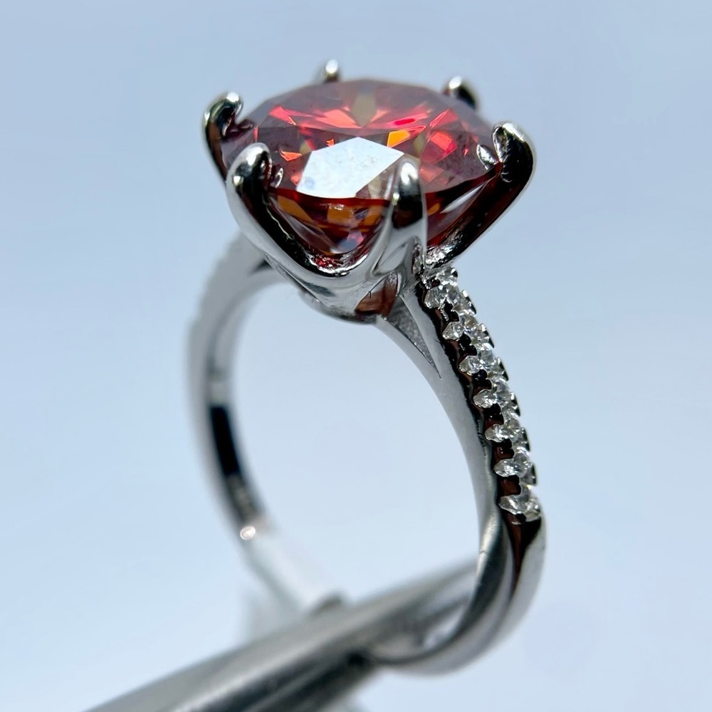 5 Carat Red Moissanite Ring 6 Prong Halo 18K White Gold Finish 925 Silver - Picture 3 of 15